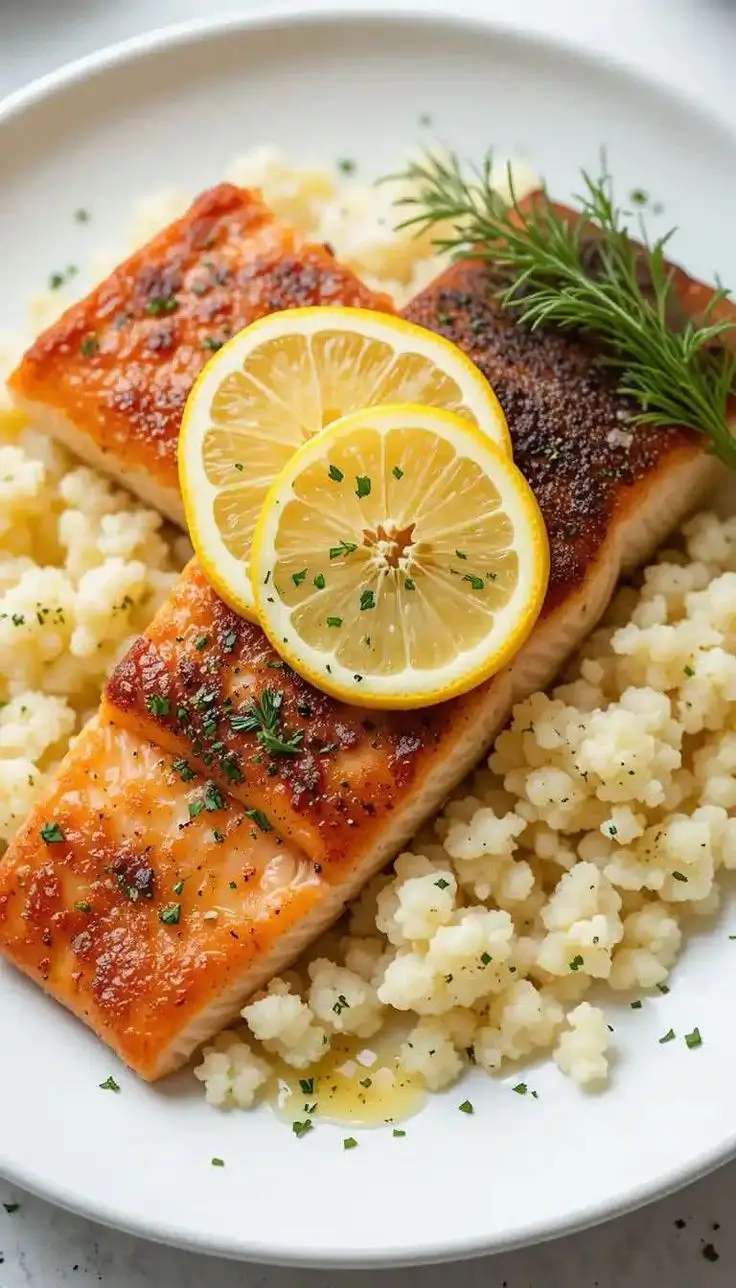 Baked Salmon with Cauliflower Rice and Steamed Green Beans