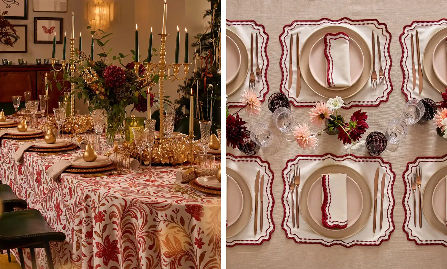 Louisa’s Festive Edit from Maison Margaux: Siena Swirl tablecloth, embroidered ruby napkins and placemats.