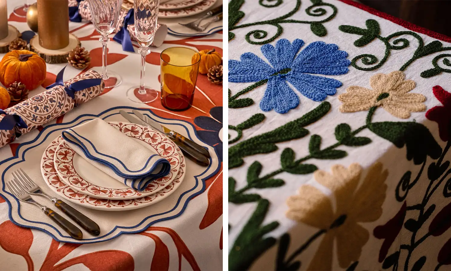 Louisa’s Festive Edit from Maison Margaux: embroidered Sapphire placemats, embroidered cloths from the Suzani collection.